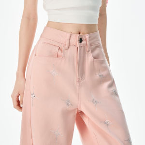 QIAOMIDUO | Summer Thin Colorful Rhinestone Wide Leg Jeans Womens Pink Pants Luxury Street Style High Waist Knife Edge Loose Fit Jeans