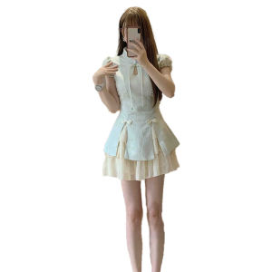 New Chinese Style Retro Short Dress Set Womens High Waist Design Sensation Slimming Effect Spring Season Butterfly Knot