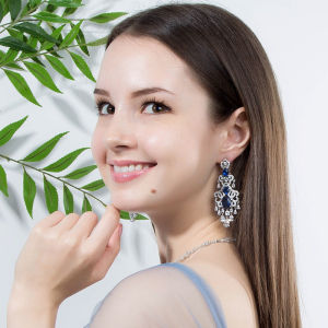SEQUITO Delicate Women Jewelry White Gold Plated Inlay AAA CZ Zirconia Blue Stone Chandelier Shape Super Long Hanging Drop Heavy Party Earrings SE732