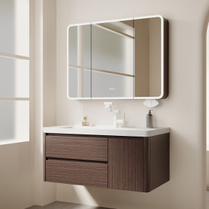 LANKASI | Curved Walnut Wood Bathroom Cabinet and Wash Basin