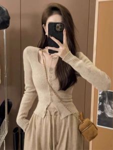 Fancy Button Waist Slimming Sweater Women Fall and Winter New Arrival French Square Collar Slimming Versatile T-shirt Women