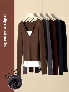 Miiow | Cat Lady Fake Two-Piece T-Shirt Womens Outerwear Autumn New Slim Fit Shoulder Color Block Base Shirt Top Soft Comfortable Breathable