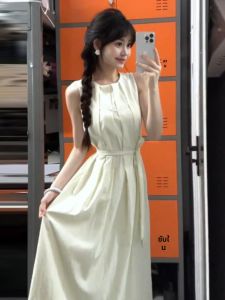 CHANGTONG | French Elegance White Sleeveless Vest Dress Women Summer Design Simple Generous Waist Cinch Slimming Long Dress