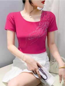 เซ็กซี่ ตาข่าย Splice เสื้อยืดผู้หญิงแขนสั้น ฤดูร้อน แฟชั่น Anti-aging Diagonal ปกเสื้อ เสื้อตัวเล็ก มีสไตล์ Rhinestone เสื้อท่อนบน Ins