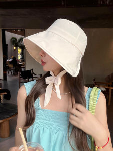 Elegant Summer Fisherman Hat Womens Large Brim Sun Hat UV Protection Ice Silk Bow Tie Street Style Polyester Fiber Flat Top
