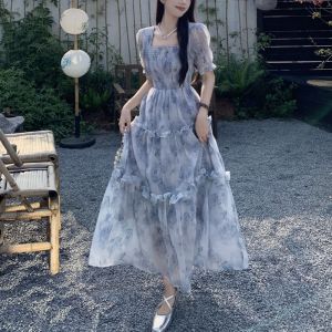 Elegant French Vintage Floral Print Chiffon Short Sleeve Dress Womens Summer Design High-End Bubble Sleeve Long Skirt