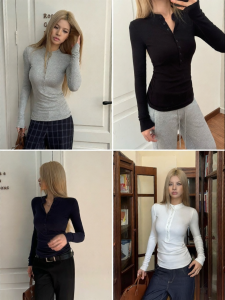audwyn | Áo Thun Dài Tay Henry Collar Slimming