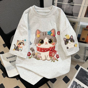 SUOSHE | Plus Size Embroidered Cat Print T-shirt