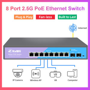 KuWFi 2.5G POE Netowrk Switch 8 Port 2.5G Ethernet 2x 10G SFP Unmanaged Plug & Play High-Speed Connectivity for IP Camera NVR