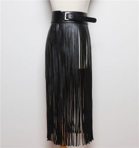 Fashionable Wide Waist Tassel Belt for Women Decorative Black Denim Skirt Accessory Alloy Pin Buckle Single Lap PU Leather