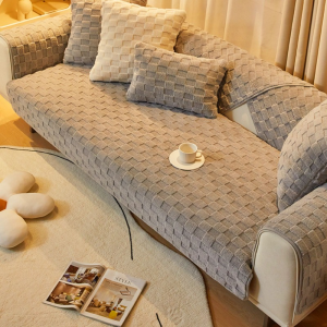 Plush Sofa Cushion Solid Color Checkered Sofa Cover Anti Slip Thickened Living Room