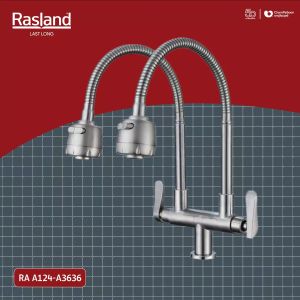 ก๊อกสำหรับอ่างซิ้งค์น้ำเย็น มีสองงวง แบบดัดได้สองงวง ปรับน้ำได้ 2 ระบบ ผลิตจากสแตนเลส สีสแตนเลส RASLAND | RA A124-A3636 ก๊อกซิงค์ 2 งวง - Lazada