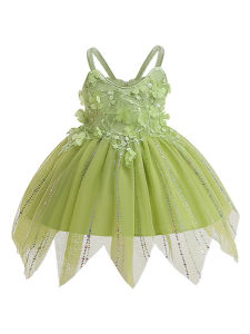 ชุดเดรสสีเขียวทิงเกอร์เบลล์สำหรับเด็กผู้หญิงทำด้วยมือปักเลื่อมชุดเดรสนางฟ้าชุดคอสเพลย์ผู้หญิง + ปีกผีเสื้อ