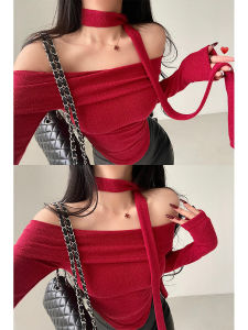 Younggirlday เสื้อถักตัวในจับจีบแขนยาวเข้ารูปมีริบบิ้นคอปาดไหล่เซ็กซี่เสื้อท่อนบน