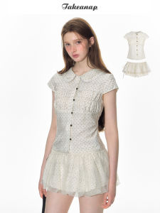 Bộ Áo Blouse Tay Ngắn Có Nơ Chấm Bi kèm Chân Váy Tháo Lắp Được