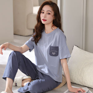 MiiOW | Pure Cotton Summer Sleepwear Womens Short Sleeve Long Pants Lightweight Casual Home Clothes Set Breathable Comfortable Skin-Friendly