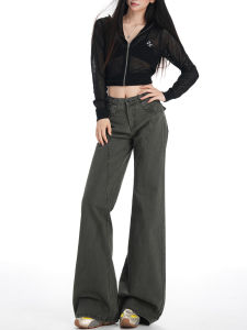 Military Green Wide Leg Denim Jeans Womens Loose Fit Multi Pocket American Style Bell Bottoms Casual Low Waist Cotton Jeans