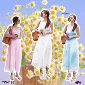 TW4196 จั้มสูทแขนกุด แต่งลูกไม้ผูกโบว์เอว