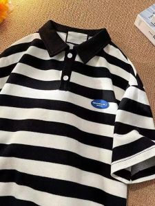 Extra Large 300 Pounds Hong Kong Style Retro Striped Short Sleeve Mens T-Shirt Summer American Loose POLO Shirt Trendy Brand