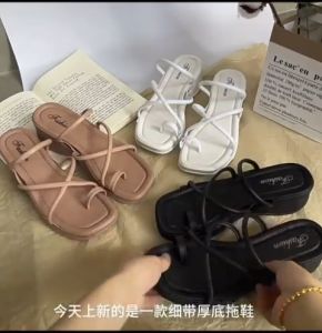 Lady casual strappy 5cm wedge slides shoes 女士线条5厘米坡跟外穿拖鞋