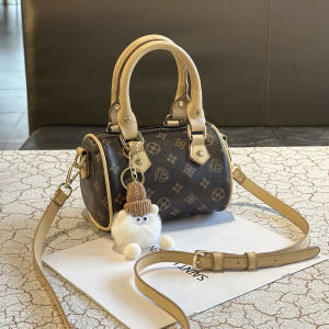 กระเป๋าถือทรงพิมพ์ลายหมอนย้อนยุคขนาดเล็กแบบสะพายข้างสไตล์วินเทจ กระเป๋าถือทรงบอสตันแบบซิปปิด ผ้าไนลอน