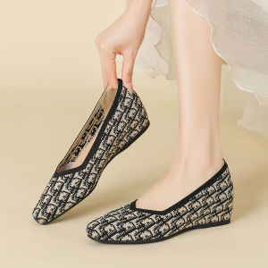 Womens Large Size Woven Fashion Single Shoes Slip-On Anti-Slip Rubber Bottom Medium Heel Square Toe Summer Flats King Size