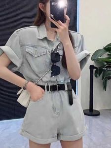 Hong Kong Style Retro Denim Jumpsuit Women Summer 2024 Slimming High Waist Wide Leg Short Pants Trendy All-Match Casual Wear