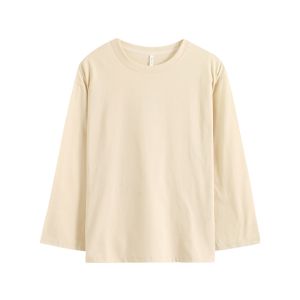 Tagkita | Cotton Long Sleeve Beige Round Neck Loose Fit T-Shirt