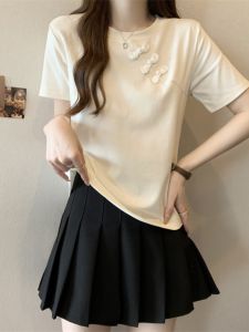 Plus Size Chubby Girl National Style Frog Button Short Sleeve T-Shirt Womens Summer Inner Bottoming Shirt Fashion Slim-Looking Half-Sleeved Top Hide Meat