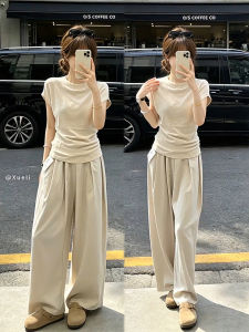XUECAIQI | Summer New Style Korean Slim Fit Short Sleeve T-Shirt & Wide Leg Pants Set