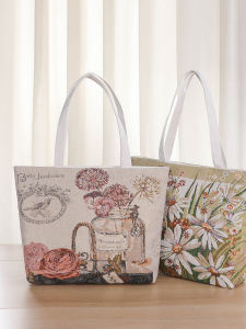 Large Capacity Canvas Shoulder Bag for Women with Zipper Fashionable New Style Woven Gold Thread Cartoon Class Student Book Bag