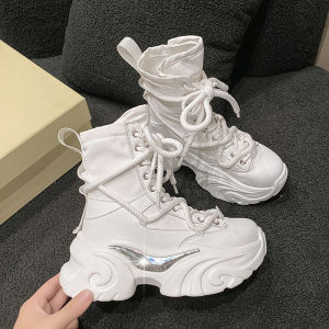 Spring New Style Womens High Top Dad Shoes Thick Bottom Platform Short Boots Martin Boots Comfortable Breathable PU Leather