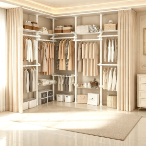 QIUZHANGJIA | Free-standing Adjustable Clothes Rack With Curtain For Home