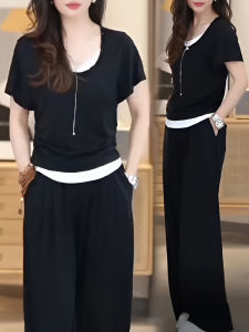 ชุดกีฬาลำลองสำหรับผู้หญิง ชุดสองชิ้นแขนสั้น กางเกงขายาว แฟชั่นฤดูร้อน 2025 ชุดสองชิ้น ชุดทำงาน ชุดลำลอง ชุดทำงาน