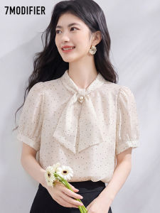 7.Modifier | Áo Chiffon Dập Vẽ Chấm Bi Cổ Nơ Tay Ngắn Mùa Hè