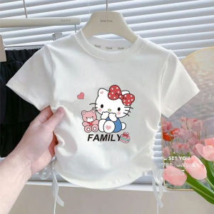 Girls Ice Silk Drawstring Short Sleeve T-Shirt Cartoon Kitty Cat Letter Print Cute Versatile Top Slim Fit Korean Style Summer Kids Clothing
