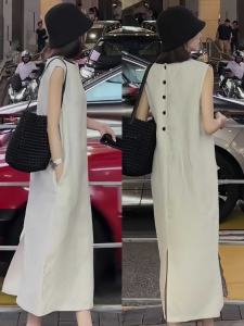 Retro French Style Sleeveless Linen Dress Loose Slim Fit