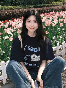 เสื้อยืดแขนสั้นผู้หญิงผ้าฝ้ายแท้สีน้ำเงินอเมริกันย้อนยุค ทรงหลวม ดีไซน์เก๋ไก๋ สไตล์ฮ่องกง แฟชั่นฤดูร้อน เสื้อแขนสั้น