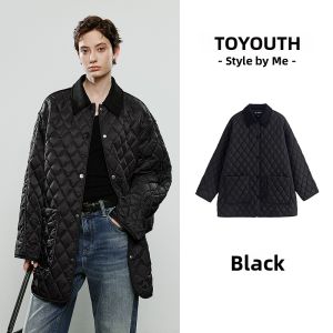Toyouth | Luxury Casual Loose Workwear Pocket Vintage Diamond Quilted Lustrous Brown Womens Cotton Jacket