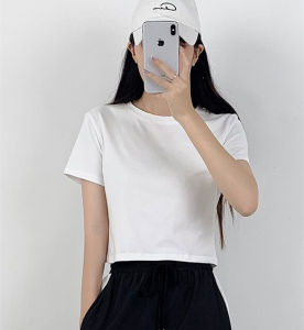 High Waist Ultra Short T-Shirt Womens Spring Summer White Short Sleeve Belly Button Baring Tight Fit Top Korean Style round Neck
