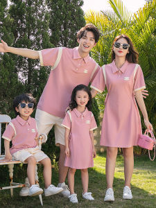 Fashionable Family Matching Summer Dresses Cotton Polo Shirts for Mom Dad And Kids Three Generations One Piece Skirts