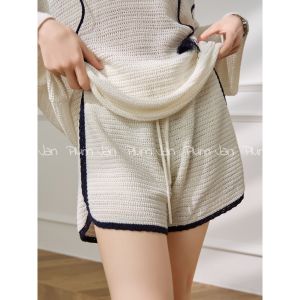 Contrast Color V-neck Open-knit Ladies Knitted Set with Shorts for Summer 2026