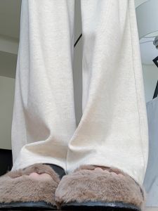 Quần Ống Rộng Dệt Kim Thường Ngày Cạp Cao Cho Nữ Mùa Xuân Hè Quần Dài Thường Ngày Bằng Vải Polyester Thoải Mái Giản Dị