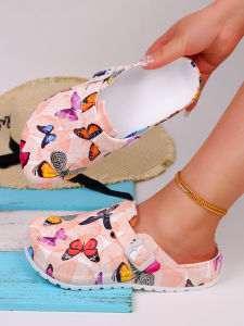 Ladies fashion butterfly print flat sandals comfortable all-season work shoes light flat soft bottom design adjustable.