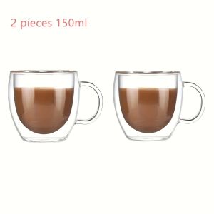 2pc Double Wall Glass Cups With Handle Transparent Double Walled Espresso Coffee Mugs Cold Drink Milk Juice Cup 150ml 250ml
