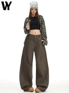 High Waist Loose Fit Casual Wide Leg Jeans Womens Autumn New Style American Retro Workwear Knife Edge Jeans Deep Color Cotton