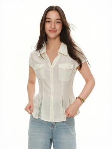 DUSHU | Bespoke Split Design White Peach Soda Breathable Stripe Lace Panel Blouse