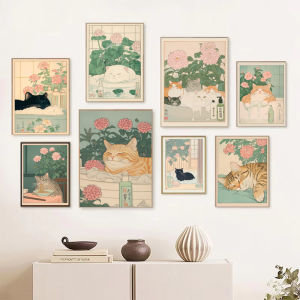 Japanese Tabby Cat in Bathtub Poster Prints Canvas Painting Retro Aesthetic Wall Art Picture Japandi Bathroom Toilet Home Decor