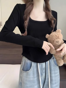 เสื้อยืดคอกลมแขนยาวสีดำ เสื้อเชิ้ตทรงสลิมฟิตสำหรับผู้หญิง เสื้อเชิ้ตสไตล์เกาหลี ทรงเข้ารูป ทรงเข้ารูป เสื้อเชิ้ตทรงเข้ารูป