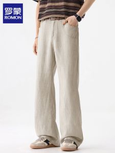 ROMON | Linen-blend Casual Pants Men Slim Flare Wide Leg